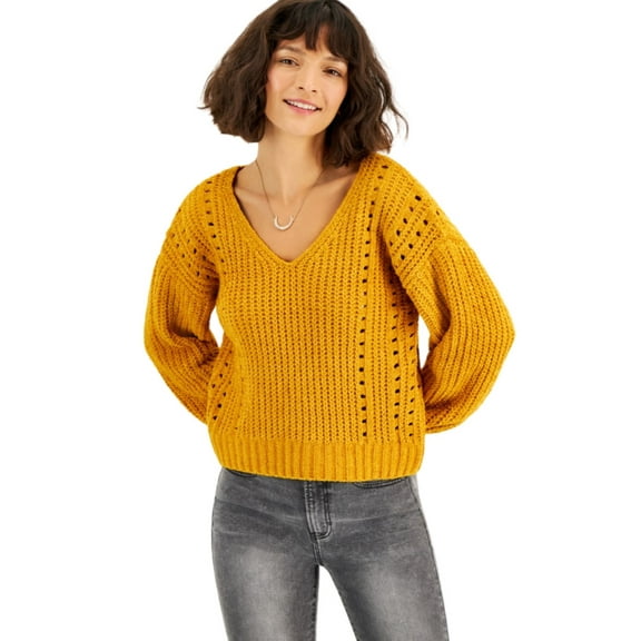 Crave Fame Juniors’ Chenille Pointelle Sweater, Apricot, Small