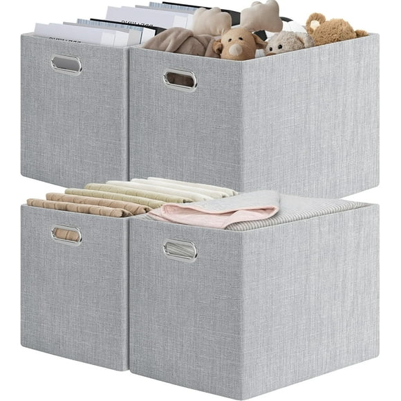 Posprica 15.12"x12.13"x12.01" Storage Cube Bins, Linen Decorative Closet Storage Organizer for IKEA Kallax, 4 Pack Fabric Foldable Large Storage Baskets for Closet, Shelves, Clothes, Toy(Grey)