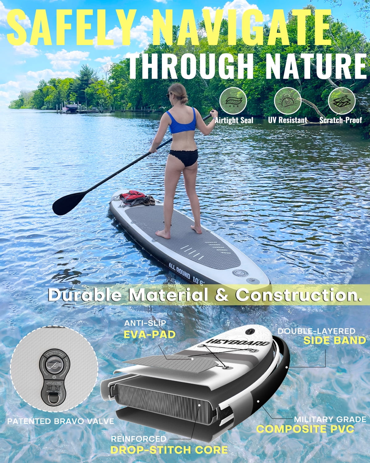 10'6" Inflatable Stand Up Paddle Board for Adults, Non-Slip EVA, Camera Mount, Gray