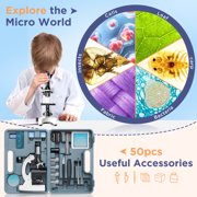 BEBANG 50PCS Kids Microscope Kit, 100X-1200X Compound Microscope Science Kit with LED Light, Carrying Box,