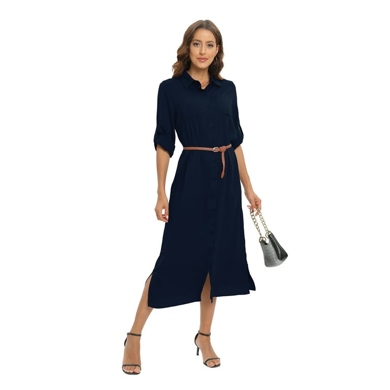 WBQ Long Maxi Shirt Dress for Women Roll Up Sleeve Button Down Long Dress with Belt Long Sleeve Side Slit Casual Maxi Dress Long Cardigan Dress S 2XL Walmart