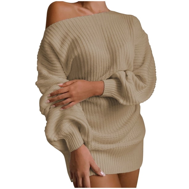 Vestido de punto de manga larga para mujer para otoño/invierno - Sin hombros, material acrílico, color liso, estilo informal para el día a día y las fiestas