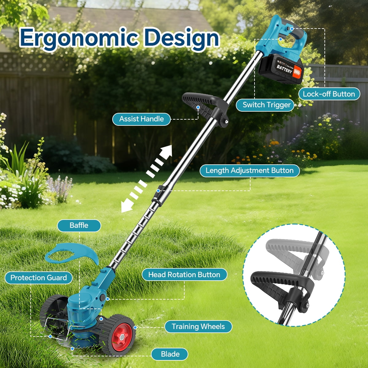 TNTANTS Weed Wacker Cordless, 3-in-1 Lightweight Electric String Trimmer with 3 Types of Blades, Wheels, 24V Battery, Weed Eater Grass Trimmer/Edger/Brush Cutter for Lawn Yard Garden (Blue)