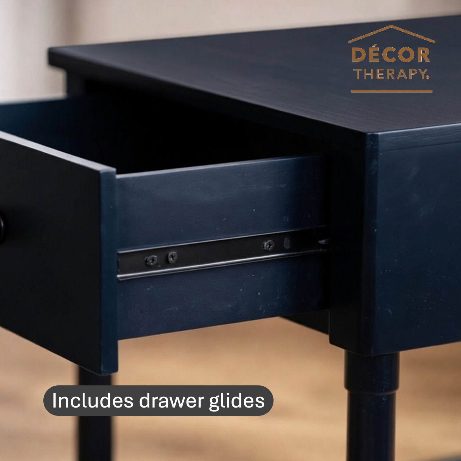 Decor Therapy Sterling Modern Side Table with Storage Drawer, Lower Shelf, Contemporary Legs End Table for Living Room, Navy