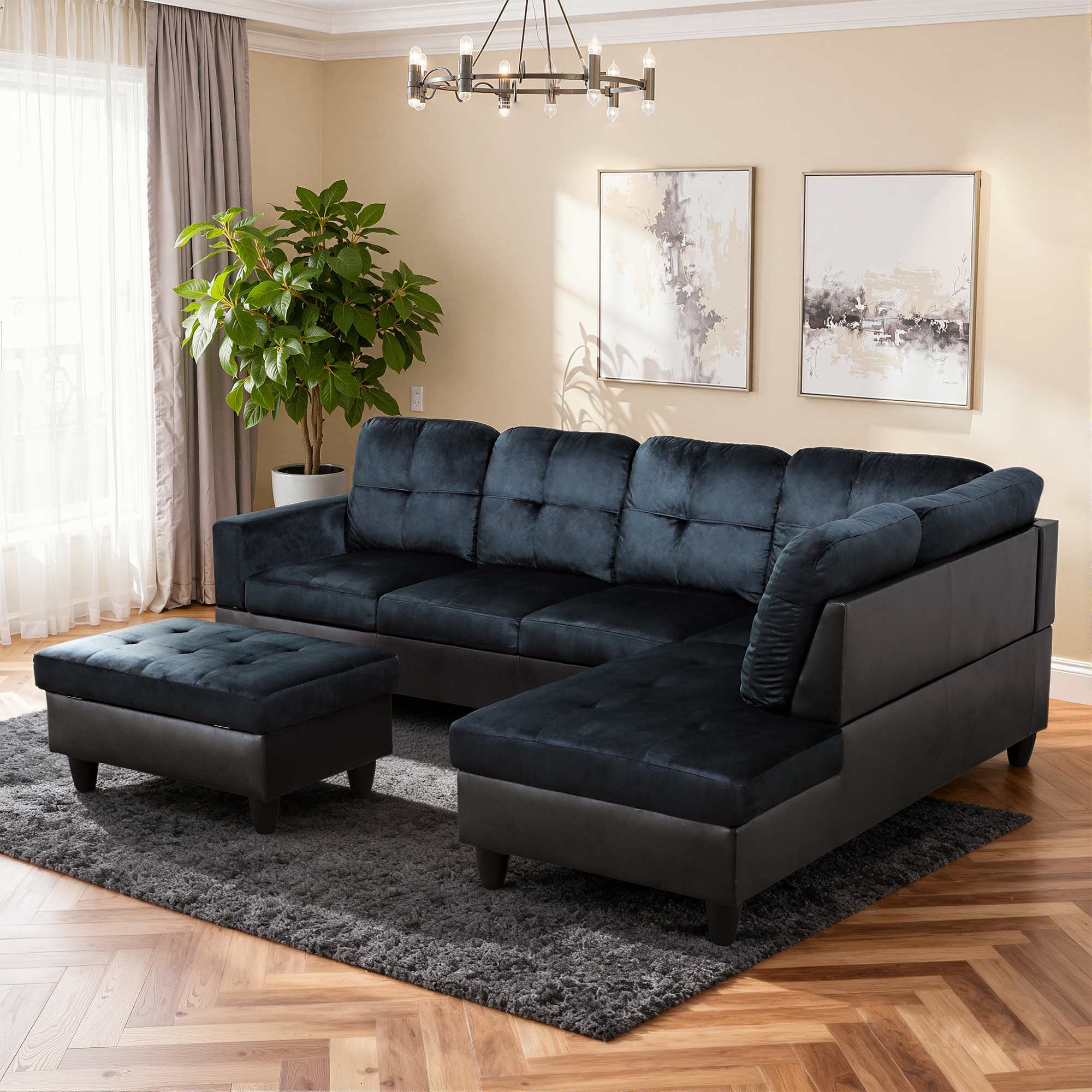 MAYEERTY Modern Adult 3-Piece Couch Living Room Sofa Set，Dark Blue And Brown
