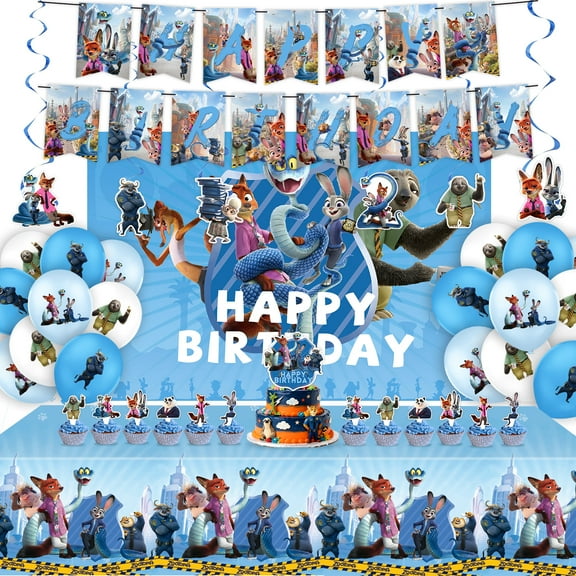 Zootopia Birthday Party Kit, Zootopia Party Decoration Kit - Zootopia birthday decoration banners, backdrops, tablecloths, spirals, balloons, cake decorations and other party supplies.