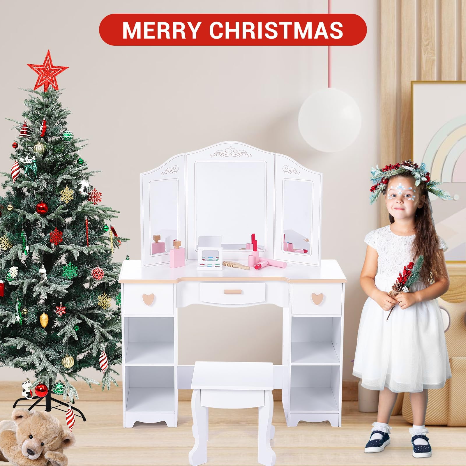 TROPOW Kids Vanity with Mirrors and Stool, Pretend Play Vanity Table Set, Princess Makeup Desk, Toddler Vanity Dressing Table with Storage Drawers and Open Shelves for Girls 3+, White