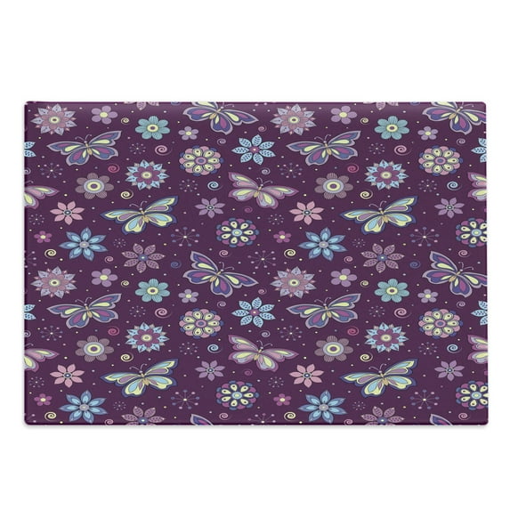 Butterfly Cutting Board, Vortex Shapes Polka Dots Background Flower Pattern Colorful Animal Design, Decorative Tempered Glass Cutting and Serving Board, Large Size, Multicolor, by Ambesonne
