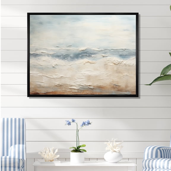 Designart "Contemporary River In Beige And Grey Tones" Coastal Ocean Floater Framed Canvas Prints
