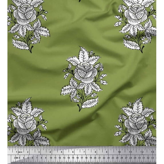 Soimoi Polyester Crepe Fabric Leaves & Floral Block Print Fabric by Yard 42 Inch Wide