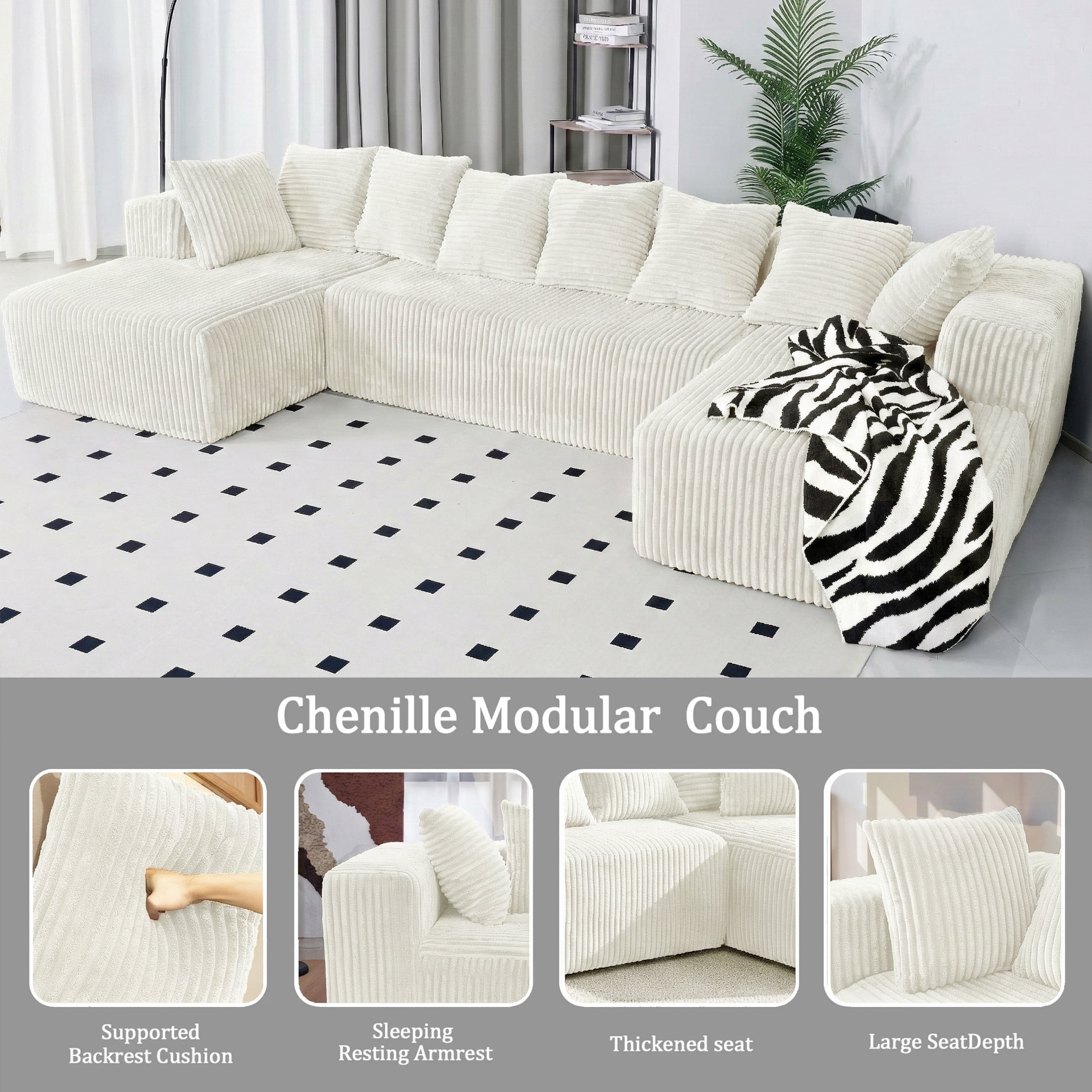 SOULART 130" White U L-Shaped Modular Cloud Couch, Sectional Sofa with Chaise – No Assembly, 5-Seater, Corduroy ，Boneless Sofa,
