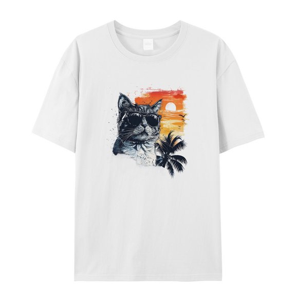 Women's Graphic T-Shirt Tops White XL Sunglasses Cat Women's Tops Crew Neck Short Sleeve Tees