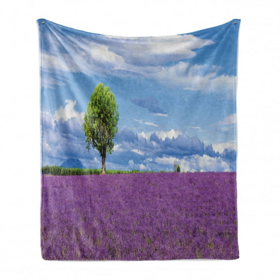 Scenic Summer Soft Flannel Fleece Throw Blanket, Lavender Field with a Tree and Sky, Cozy Plush for Indoor and Outdoor Use, 50" x 70", Violet Azure Blue, by Ambesonne