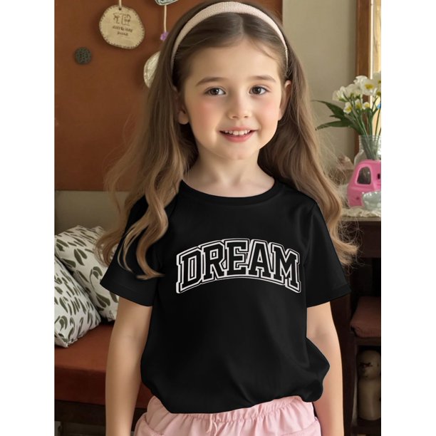 Girls' Navy Blue "DREAM" Letter Print T-Shirt - Soft & Comfortable Crew Neck Short Sleeve Tee, 100% Cotton, Ribbed Detail, Perfect for Summer Play, Ages 12 & Under, Girls Shirts