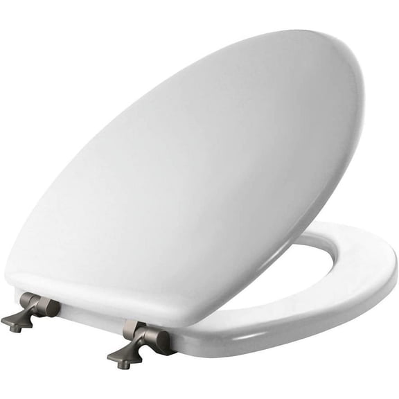 Mayfair Elongated Toilet Seat 1844BNA with Brushed Nickel Hinges - Never Come Loose - White