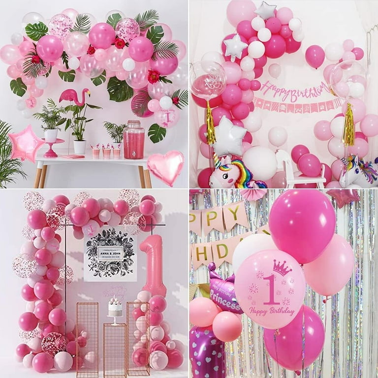 1st Birthday Decorations for Girls, Pink White Confetti Balloons and Pink  Gold Tablecloth Pink Birthday Balloons Happy Birthday Banner with Number 1