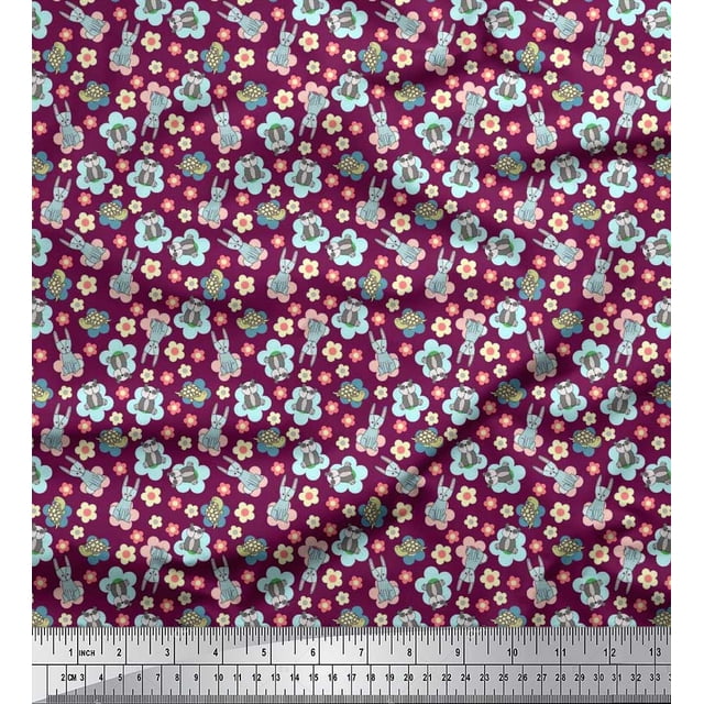 Soimoi Velvet Fabric Tortoise,Rabbit & Panda Kids Printed Fabric 1 Yard 58 Inch Wide