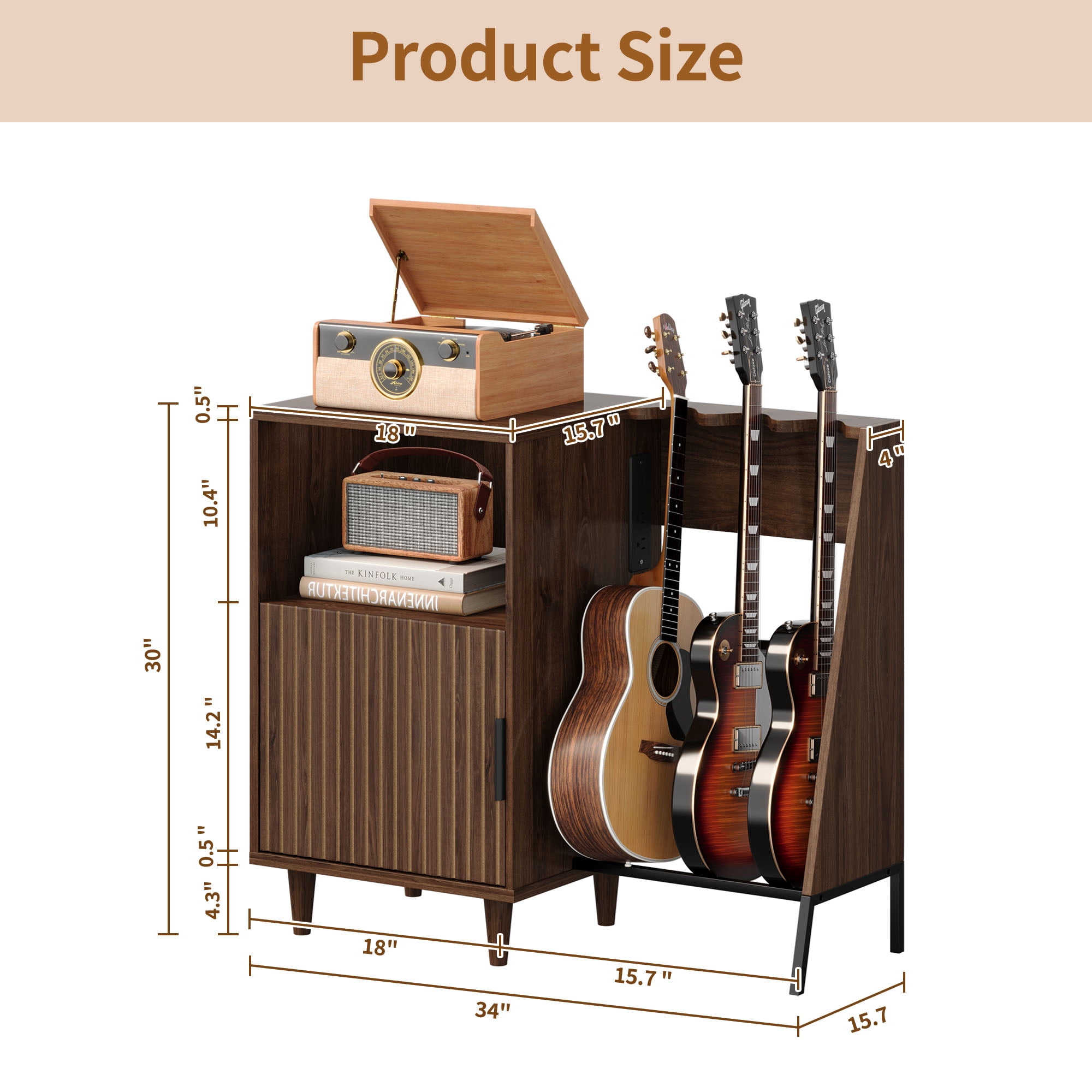 WARAYZ Guitar Stand & Record Player Shelf, Vinyl Record Organizer Cabinet, Acoustic/Electric Guitar Rack with Built-in Power Outlet & Speaker Storage