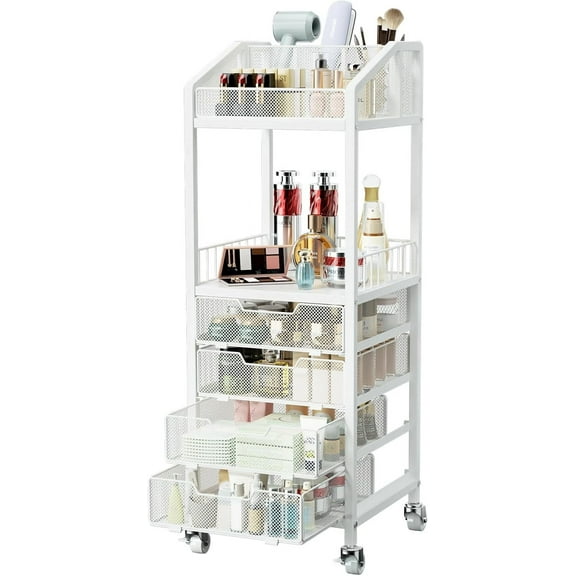Makeup Organizer Storage Cart - Floor Skincare Make Up Storage with 4 Drawers, Rolling Makeup Cart Vanity Organizer Cosmetics Display Cases Holder for Skin Care Perfume Nail Polish