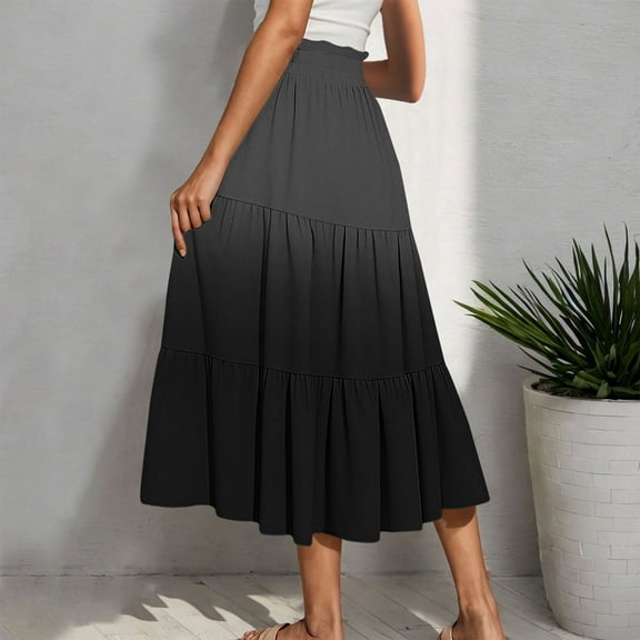 Nmnitkp Boho Maxi Skirt for Women Summer Floral Smocked High Waisted Skirts with Pockets Vacation A-Line Long Flowy Skirts Black,L