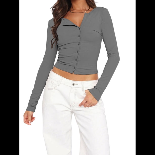 Suéter Corto de Punto con Botones y Larga Y2K para Mujer, Abierto Al Frente, Cárdigan de Punto, Cuello en V, Otoño Gris Oscuro XL