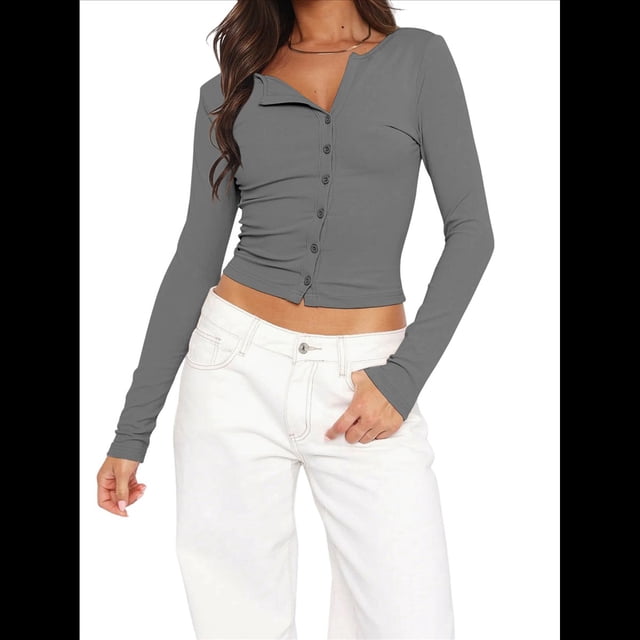 Suéter Corto de Punto con Botones y Larga Y2K para Mujer, Abierto Al Frente, Cárdigan de Punto, Cuello en V, Otoño Gris Oscuro XL