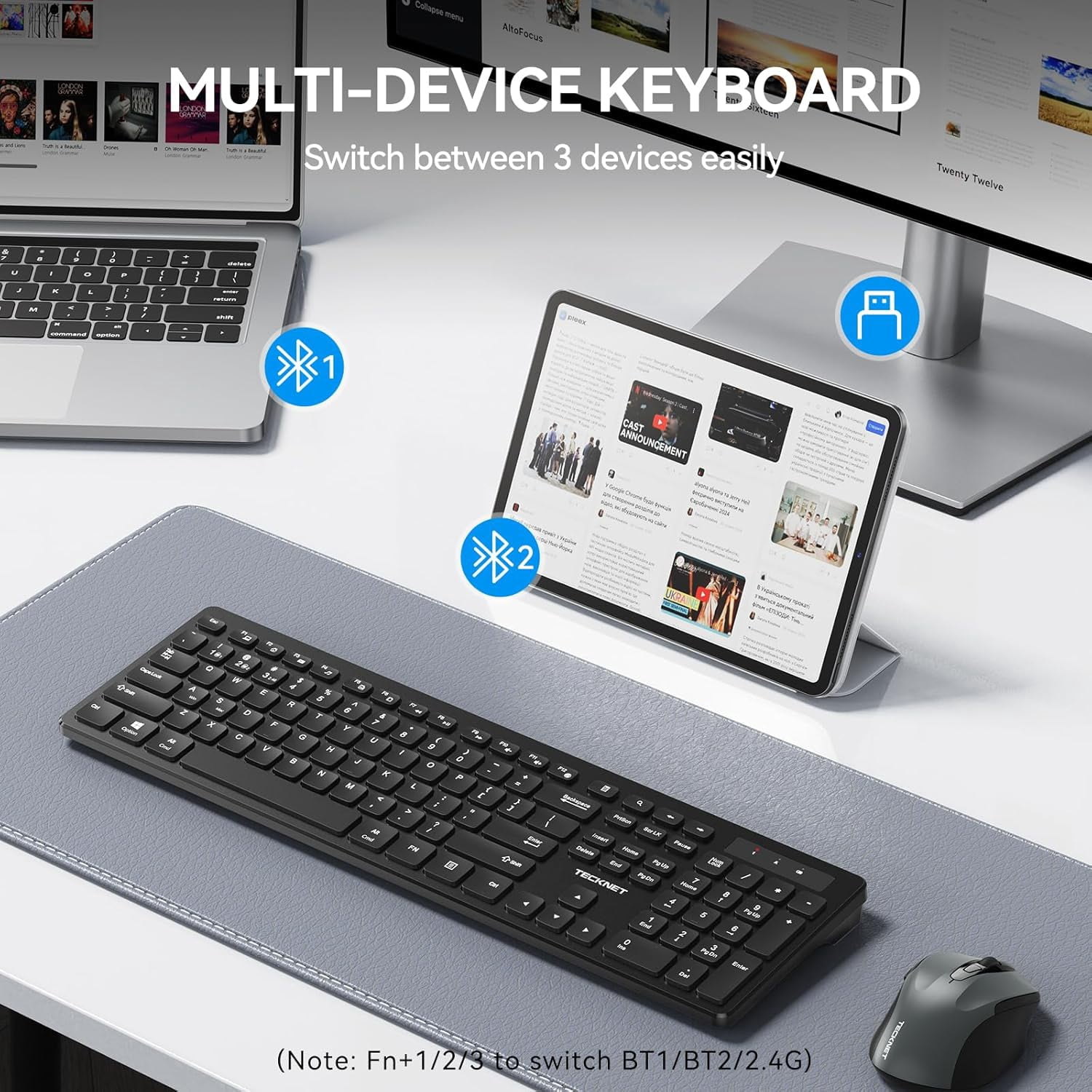 Wireless Keyboards, Support 2.4G USB and Bluetooth - Full Size Computer Keyboards with Number Pad, Multi Device for PC, Desktop, Laptop, Tablet, 105 Days Standby Time, Black