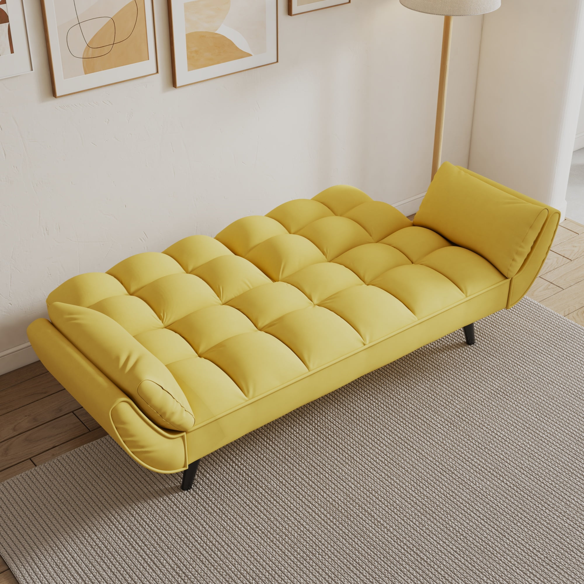 Leumius 74" Modern Loveseat Sofa for Living Room,Velvet Futon sofa bed with Adjustable Back & with 2 Throw Pillow for Bedroom,Small Spaces,Yellow