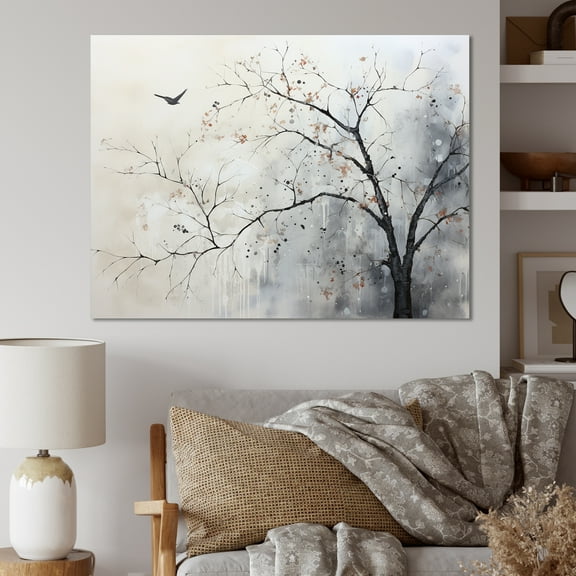 Designart "Monochromatic Birds Silhouette I" Landscape Trees Canvas Art Print