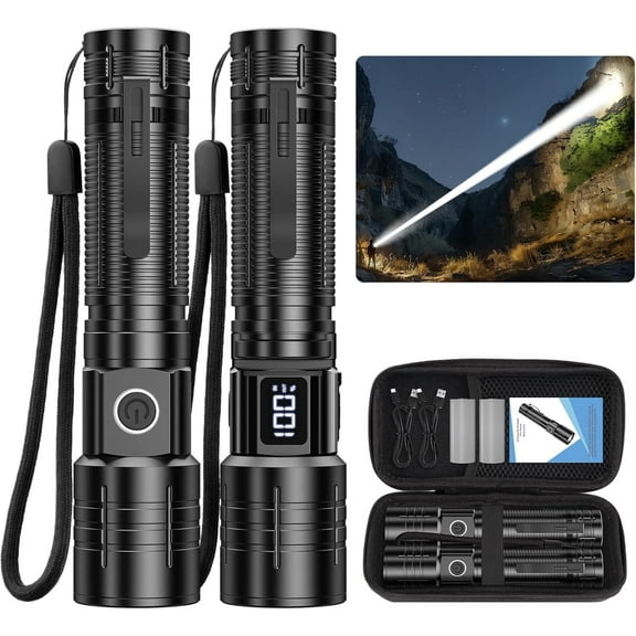 LED Rechargeable Tactical Flashlight, High Lumens Super Bright Flashlights - Zoomable 6 Modes, Waterproof, Power Display, Pocket-Sized for Camping & Emergencies