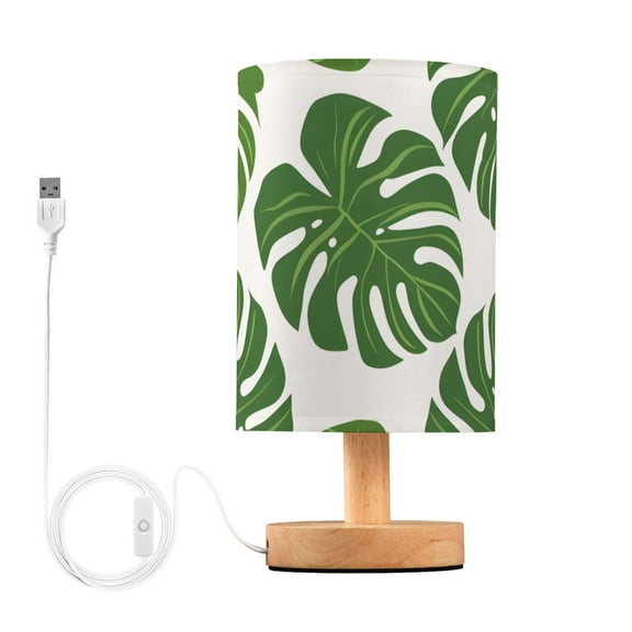 Green Leaves Table Lamp USB Bedside Desk Nightstand Lamp Printed Gifts Small Lamp Wood Base for Bedroom Living Room Kids Room College Dorm
