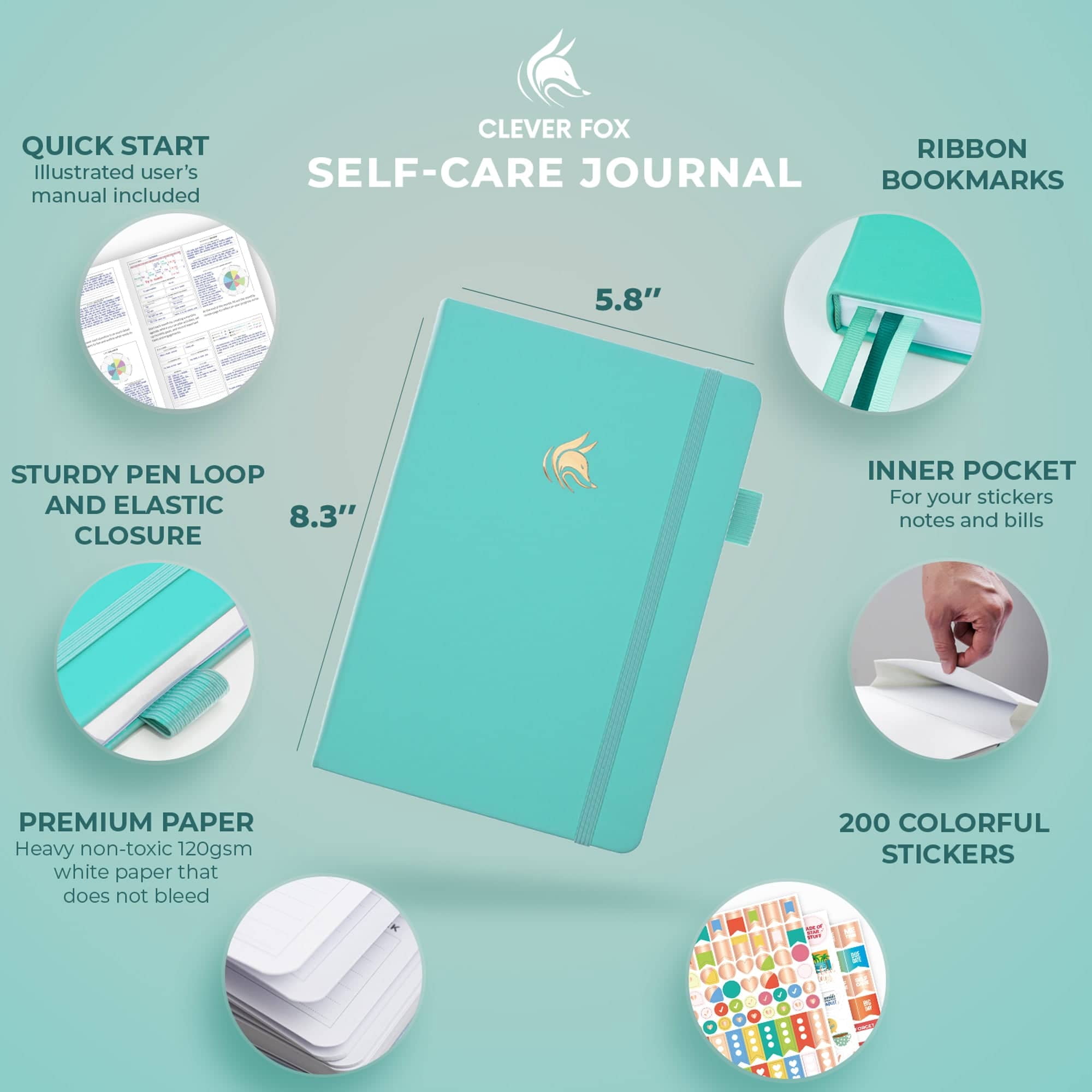 Clever Fox Self-Care Journal - Wellness & Daily Reflection Notebook - Mental Health & Personal Development Journal – Self-Care, Meditation & Mood Journal for Women & Men - A5 Size (Turquoise)