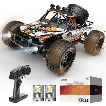 DEERC 1:10 Scale RC Car for Adults & Boys, 48KM/H Speed 4X4 Hobby RC Monster Truck with Lights, 2 Rechargeable Batteries, 2.4 GHz All Terrain Remote Control Car Toys for 30mins Fun