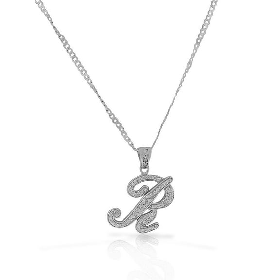 925 Sterling Silver CZ Letter Initial "R" Pendant Necklace, R