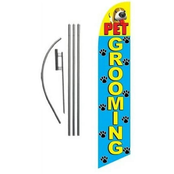 Pet Grooming Advertising Feather Banner Swooper Flag Set with 15 Foot Flag Pole Kit and Ground Stake