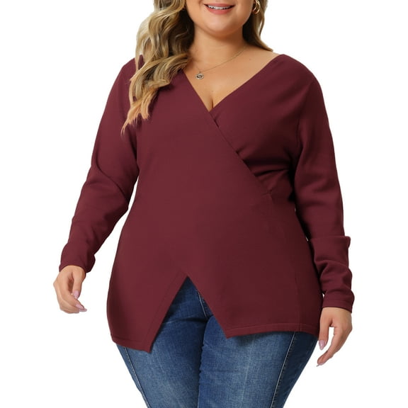 Unique Bargains Women's Plus Size Knitted Deep V Neck Wrap Criss Cross Cable Knit Sweater 2X Red
