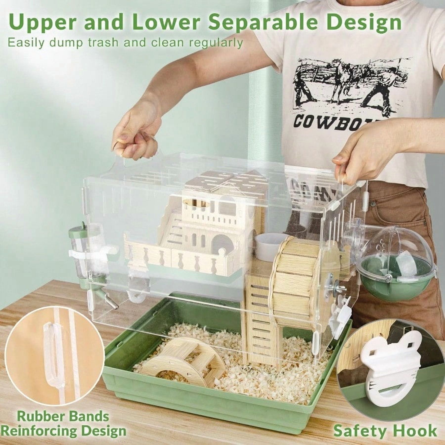 8 in 1 Acrylic Hamster Cage2Tier Dwarf Hamster Cage with Wooden Wheel Hideout Small Hamster Habitat with Accories Clear Pet Mice House Green 14 L10 W11 H