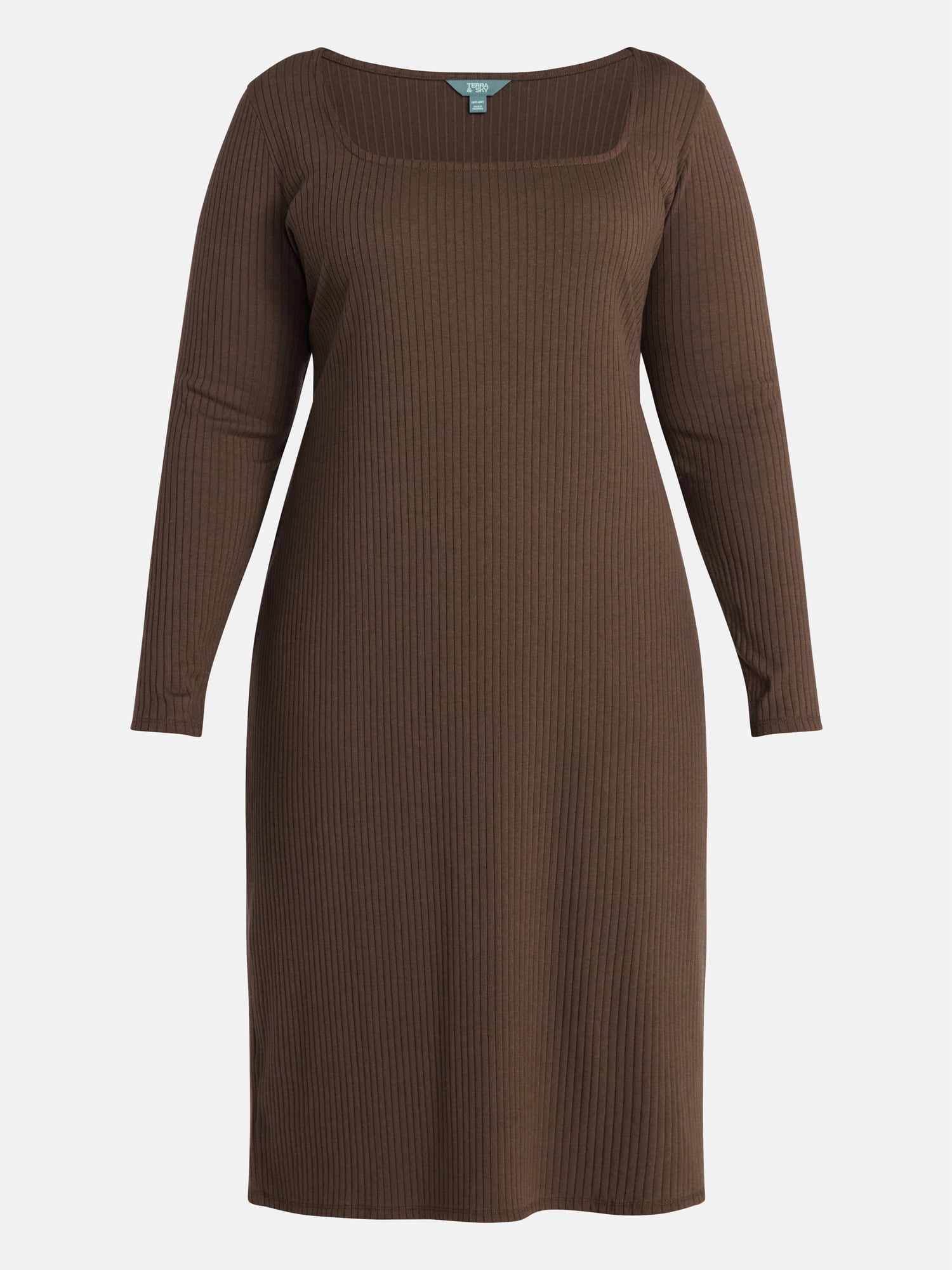 Terra & Sky Women’s Plus Ribbed Knit Midi Dress with Long Sleeves, Sizes 0X-4X