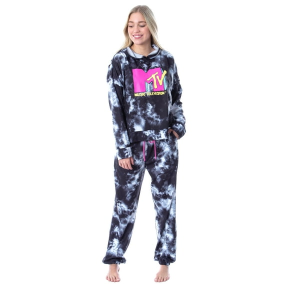 MTV Music Television Tie Dye Womens' Cropped Hooded Pajama Jogger Set