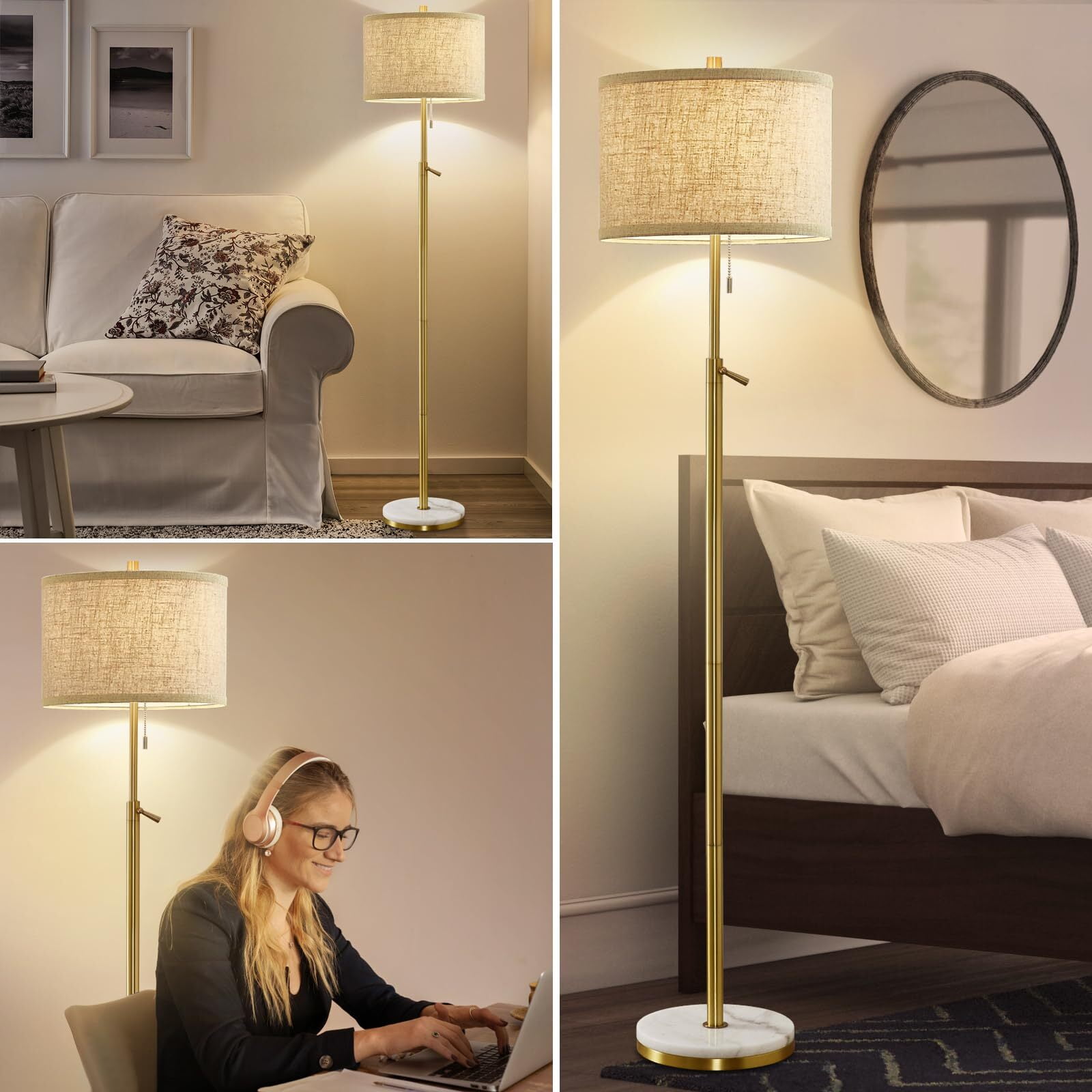 NATYSWAN Modern Floor Lamp for Living Room, Adjustable Height Standing Lamp with Marble Base Tall Lamp with Pull Chain Switch Floor Lamps for Living Room, Bedroom & Office Bulbs Not Included (Gold)