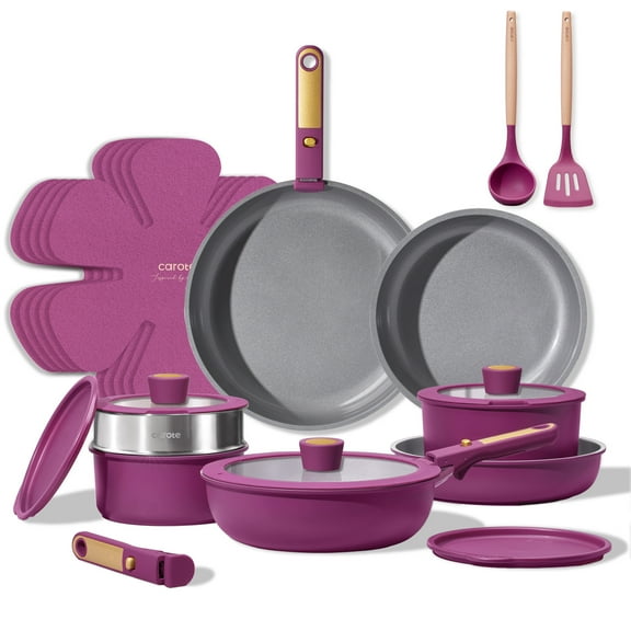 Carote 21 Pieces Pots and Pans Set with Detachable Handle, Ceramic Non Stick Non Toxic Kitchen Cookware Set with Induction, Oven/Dishwasher Safe, Magenta Purple