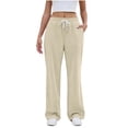 thumbnail image 2 of sdhkgrrt Women's Wide Leg Drawstring Pants with Pockets Casual Flowy Lounge Long Pants Work Travel Vacation Fall Outfits Winter Sweatpants, Beige L, 2 of 8