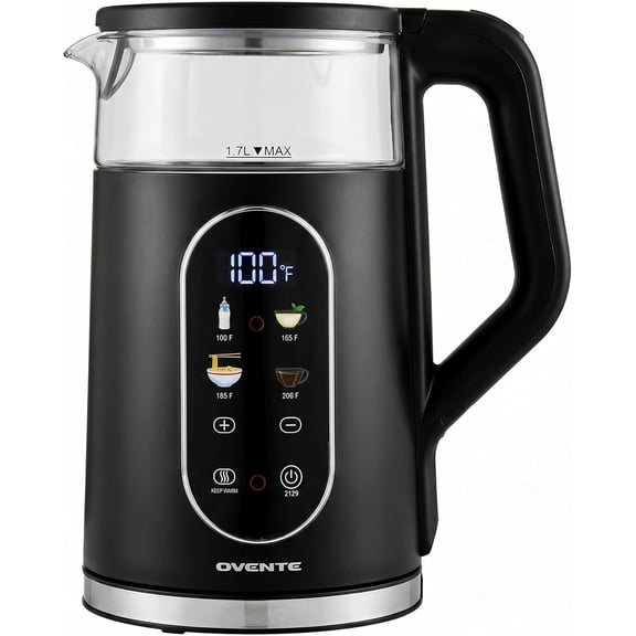 OVENTE Electric Kettle, 1.7L Fast Boiling Water Heater with Digital Touchscreen, Double-Wall Cool Touch Exterior, 5Hr Keep Warm, Auto-Shut Off, Boil-Dry Protection and Borosilicate Glass, Black KD96B