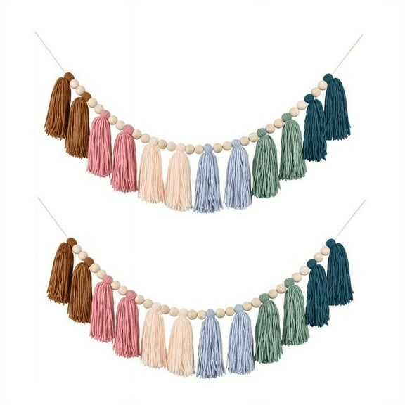 2PCS Rainbow Boho Tassel Garland with Wood Beads Colorful Wall Hanging Party Baby Shower Decor