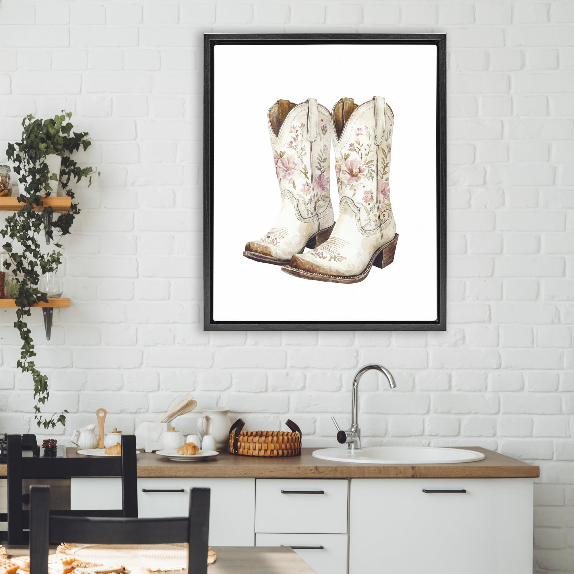 Stupell Industries Boots in Bloom Black Framed Floater Canvas Wall Art, design by Svetlana Aleynikova
