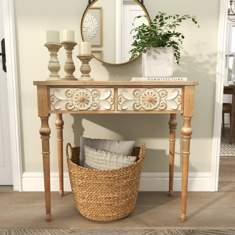 DecMode 36 x 33 Brown Wood Intricately Carved Floral 2 Drawers Console Table 1 Piece Walmart