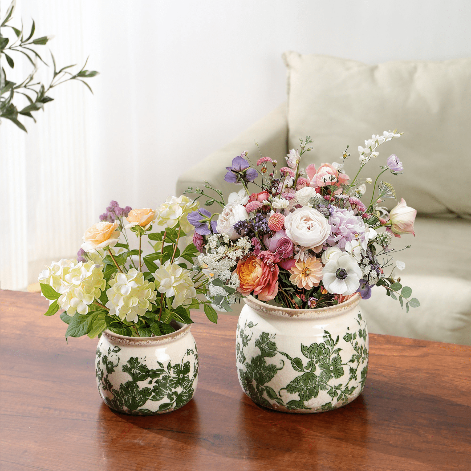 Set of 2 Vintage Ceramic Planters with Drainage Hole – Indoor Flower Pots & Plant Vases, Green Tuscan Planter Set for Home, Gardening, Christmas Decor