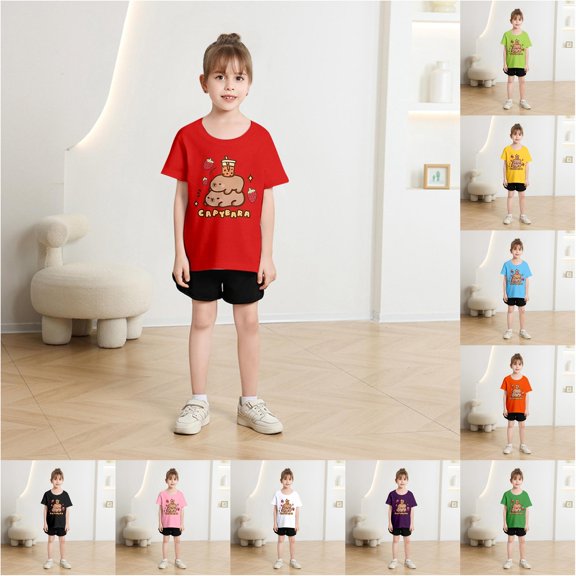 Trendfront Girls Capybara Graphic Tee Crewneck Short Sleeve Cute Animal Print Shirt Summer Casual Playwear T-Shirt Everyday Fashion Tops