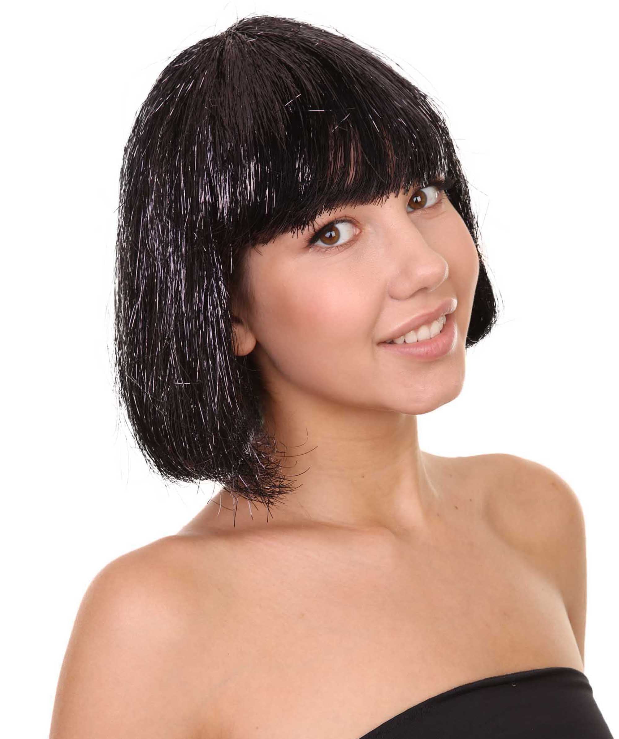 HPO Adult Women's Blue Tinsel Bob Wig - Breathable Capless Costume for Festival & Party