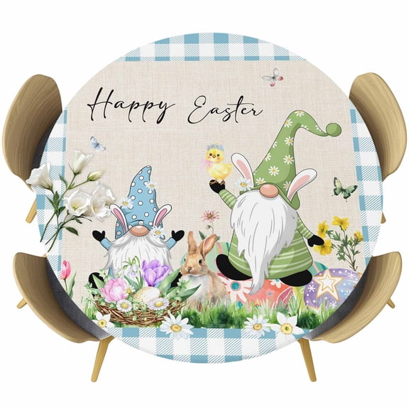 Easter Round Tablecloth, Fitted Table Cover with Elastic for 45"-54" Round Tables, Spring Gnomes Bunny Butterfly Duck Floral Plaid Table Cloth Outdoor Indoor Dinning Party Waterproof Tablecloths